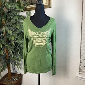 Harley-Davidson Women's Long Sleeve V-Neck Green Graphic Tee Size L Dallas TX